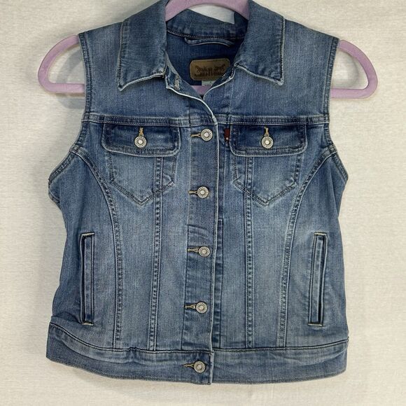 Vintage Levis Denim Vest Women Medium Blue Jean Y2K Med Wash Faded Trucker - Picture 1 of 9